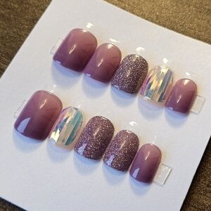 24 pcs purple giltter iridescent chrome bling press on nails